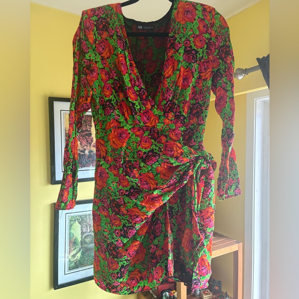 Zara Floral Wrap Dress in Green & Pink